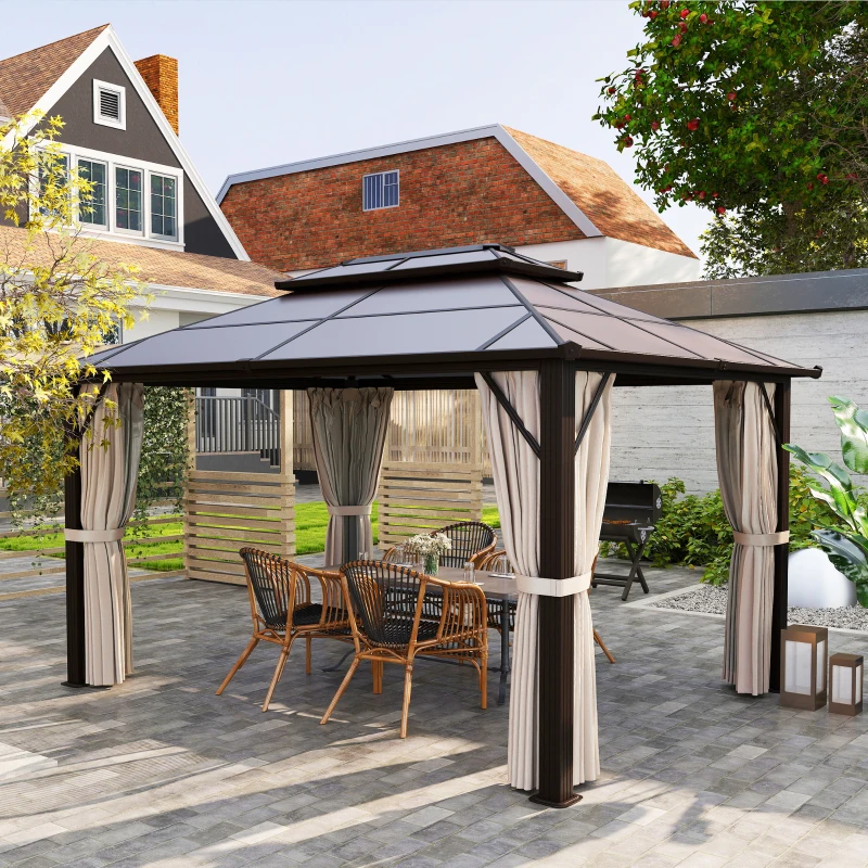 Outsunny 10' x 13' Hardtop Gazebo Canopy with UPF30+ Double Polycarbonate Roof, Aluminum Frame, Netting and Curtains, Beige