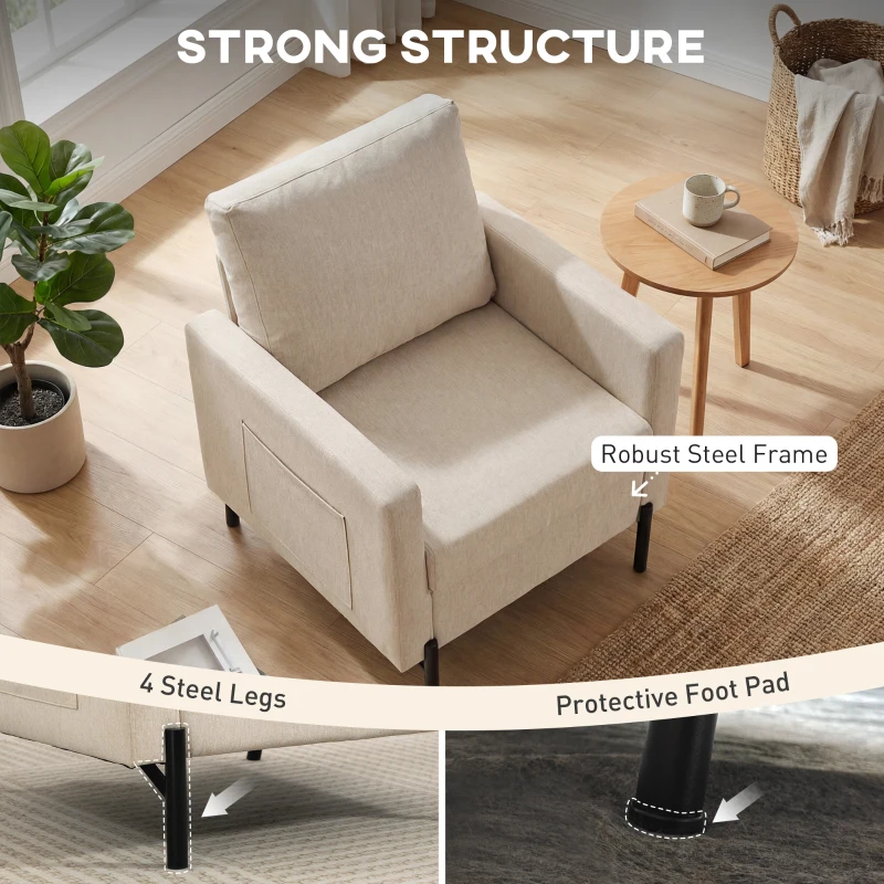 HOMCOM Accent Chair Modern Upholstered Armchair with Side Pockets and Cushion for Bedroom, Living Room, Beige