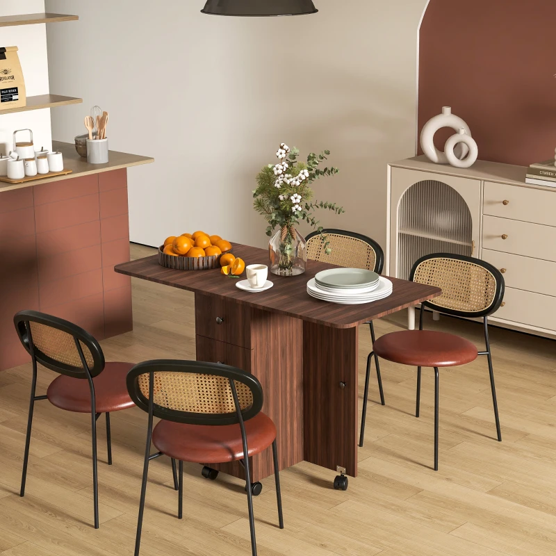 HOMCOM Drop Leaf Dining Table, Mobile Folding Table on Wheels with Drawers and Cabinet for Dining Room, Kitchen, Brown