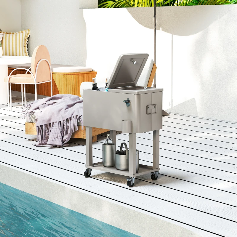 Outsunny 60 Quart Rolling Outdoor Cooler, Portable Rolling Patio Cooler Cart with Locking Wheels, Storage Shelf, Silver