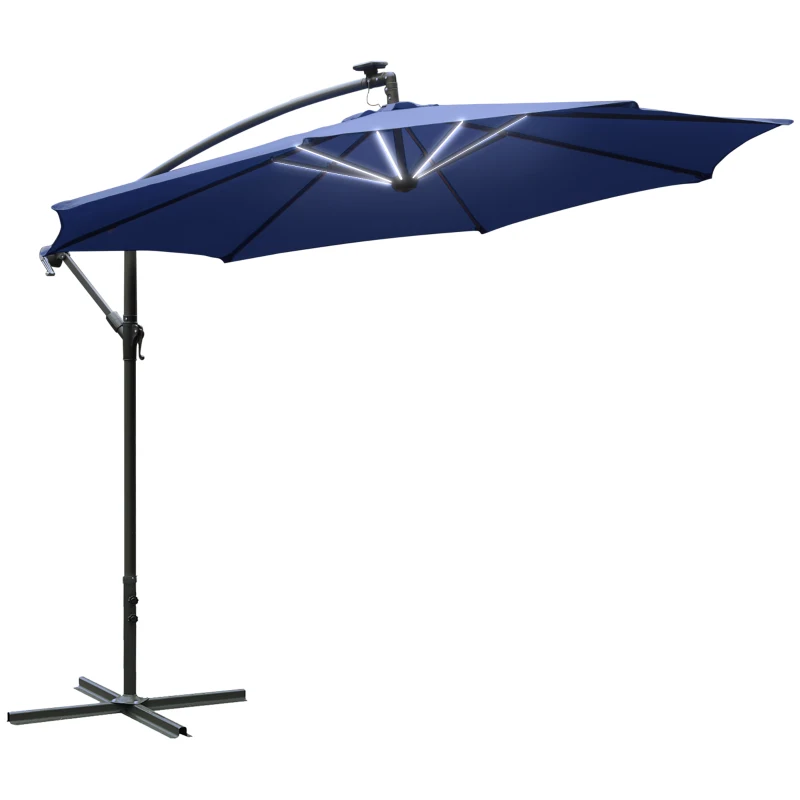 Outsunny 10ft Cantilever Solar Hanging Offset Umbrella Outdoor LED Lights Aluminum Market Banana Parasol Crank w/ Cross Base Garden Sun Shelter Blue