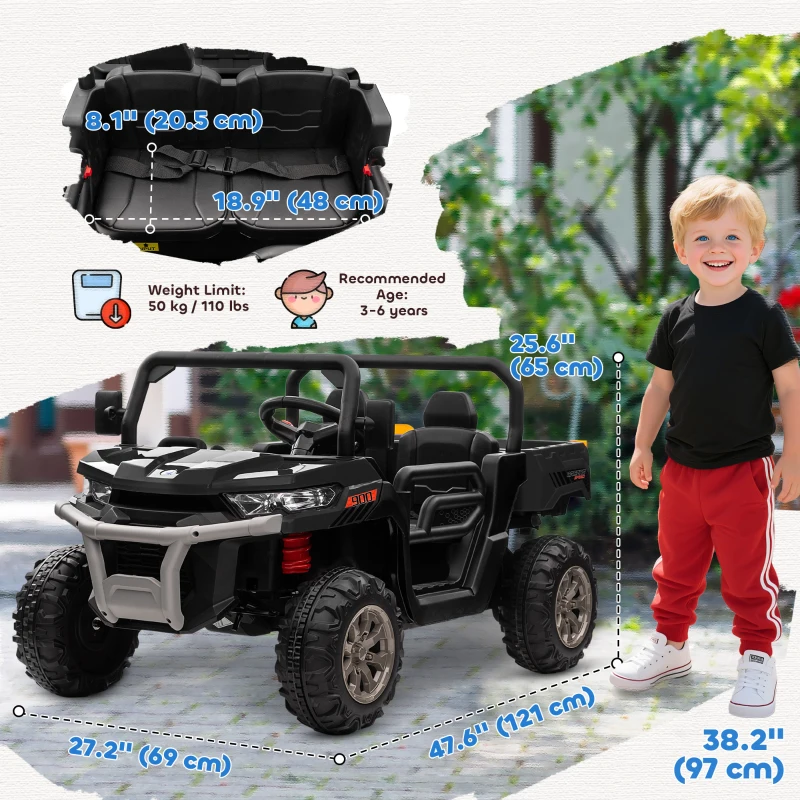 Aosom 12V Ride on Car with Electric Bucket, Two-Seater, Shovel, Remote Control, Spring Suspension, Horn, Music, Black