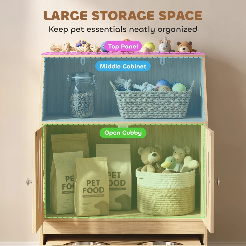 PawHut Dog Feeding Station, Pet Food Storage Cabinet with 2 Elevated Bowls & Slow-Feed Mat for Dogs & Cats