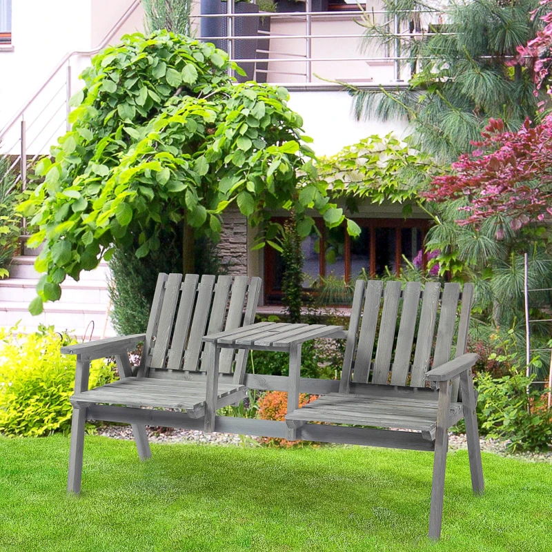 Outsunny 2-Seater Outdoor Bench with Middle Table, Wooden Garden Bench with Parasol Hole, Patio Loveseat for Yard, Porch, Grey