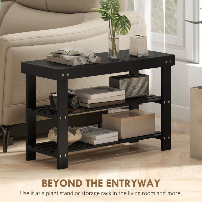 HOMCOM Bamboo Shoe Storage Bench, 3-Tier Entryway Bench with 2 Storage Shelves for Hallway, Holds 6 Pairs, Black