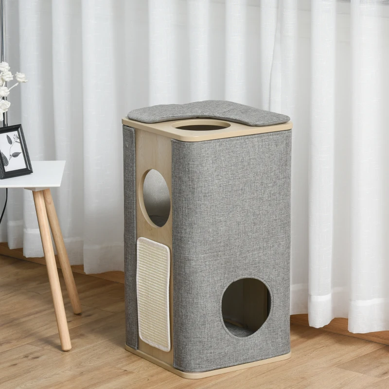 PawHut Wooden Cat Condo 3 Story Barrel Tower w/ Perch Removable Cover Cushions Sisal Scratching Carpet, Grey