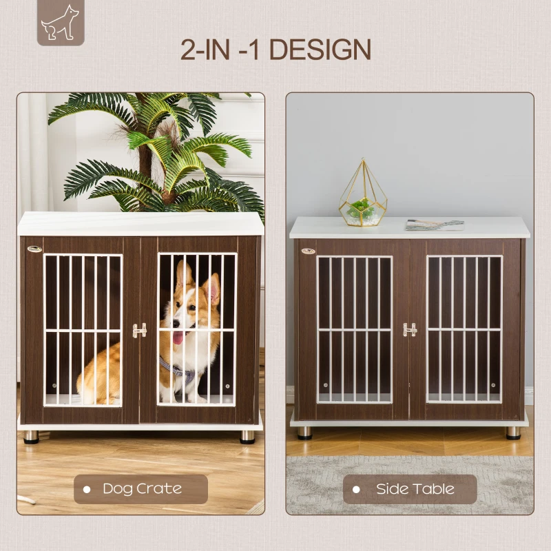 PawHut 34'' Wooden Dog Cage, Modern Wire Dog Crate, Pet Kennel with Door, Lock, Adjustable Foot Pads, for Small and Medium Dogs, Coffee and White