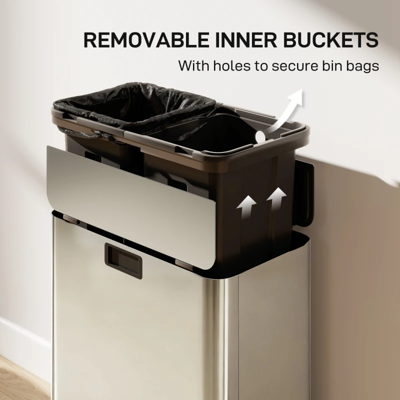 HOMCOM Dual Trash Can with Soft-Close Lid, Garbage Can with Removable Inner Bucket for Kitchen 2 x 7.4 Gal (2 x 28 L), Silver