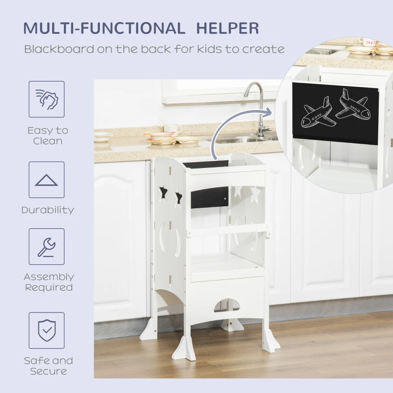 Qaba Kids Kitchen Helper Foldable Step Stool Toddler Kitchen Stool with Blackboard Lockable Handrail for 3-6 Years old White