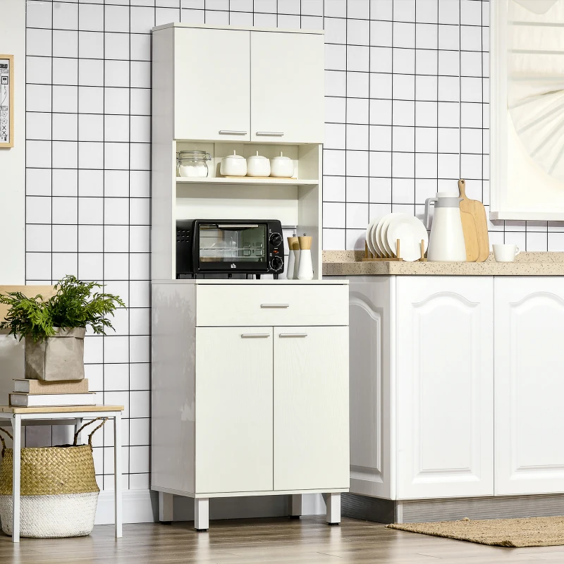 HOMCOM 71"H Freestanding Kitchen Pantry, Buffet Cabinet with Hutch, Storage Cabinet with Drawer, Doors and Microwave Stand, White