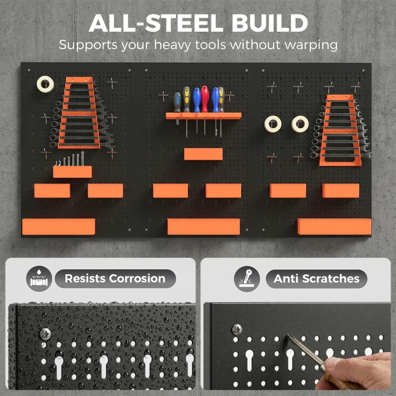 HOMCOM 33 Piece Metal Pegboard Panels, Peg Board with 16 Hooks, Bins and Racks, Black and Orange