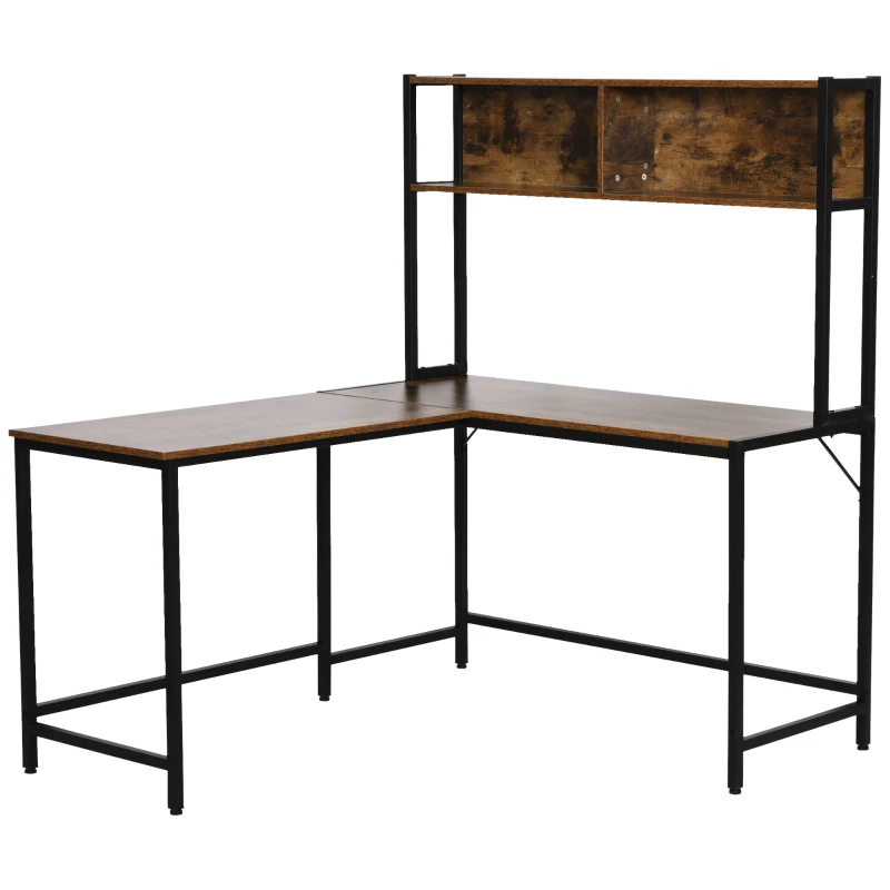 HOMCOM Home Office L-Shaped Computer Desk with Hutch and Storage Shelves, PC Table Study Writing Workstation with 2 Storage Compartments, Bookshelf, Brown