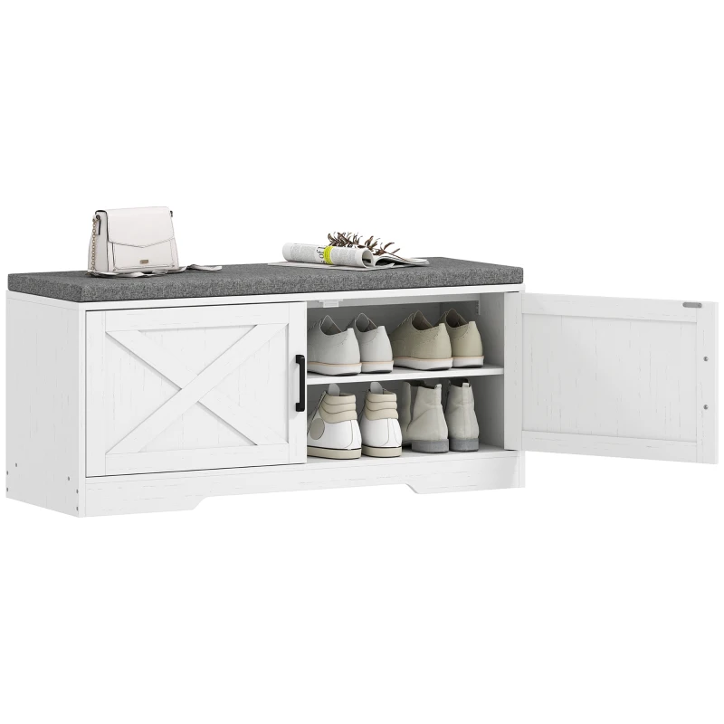 HOMCOM Shoe Bench with Cushion Shoe Storage Bench with Doors Adjustable Shelves for Entryway, White