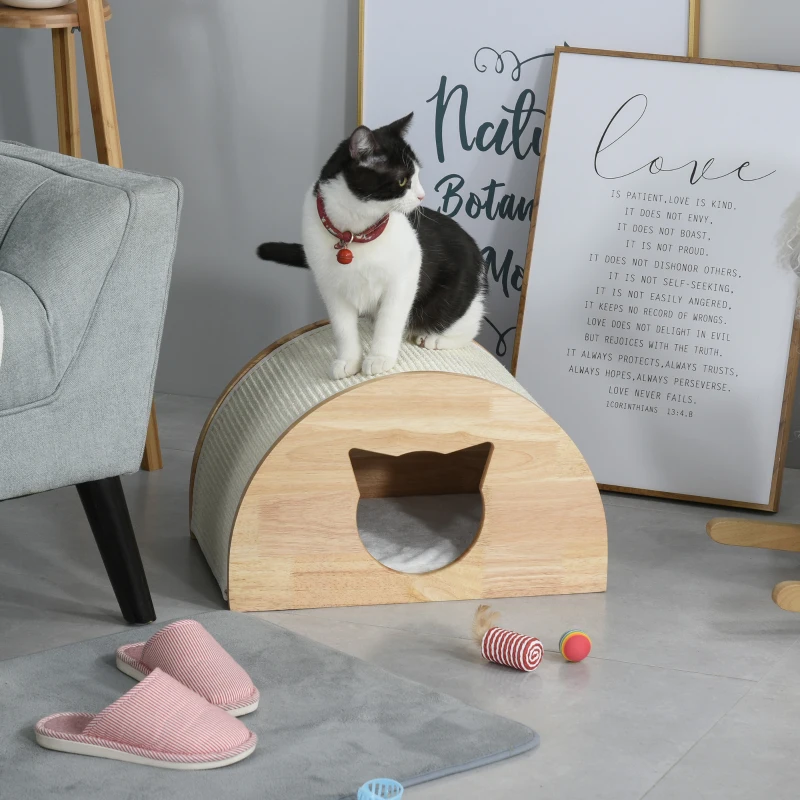 PawHut Wooden Cat House Kitten Condo with Cat-Shaped Entrance Sisal Scratching Carpet Soft Cushion, Natural