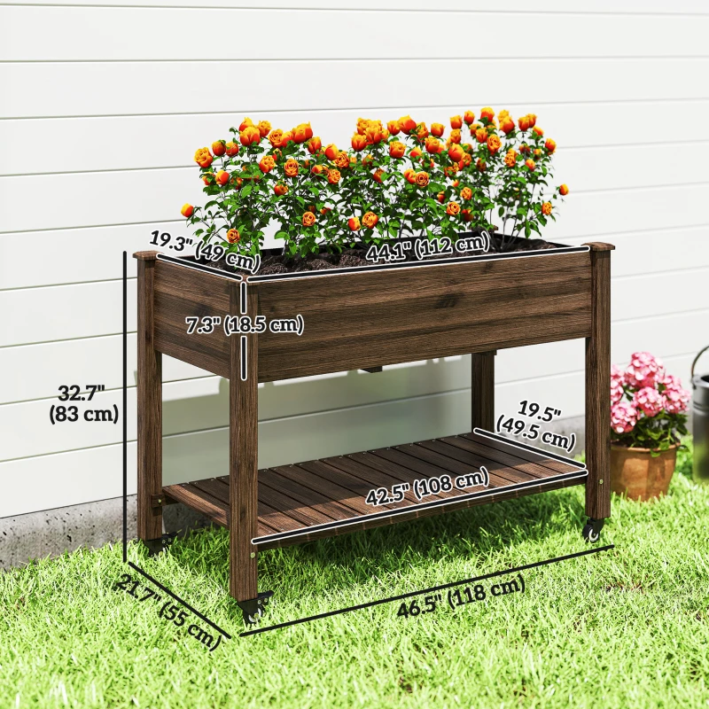 Outsunny Mobile Raised Garden Bed Elevated Wood Planter Box with Lockable Wheels, Storage Shelf for Herbs Vegetables, Carbonized
