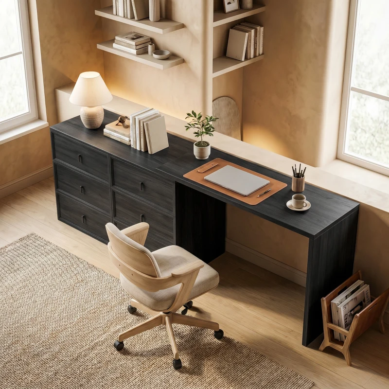 HOMCOM L Shaped Computer Desk Home Office Desk with 6 Drawers Black Wood Grain