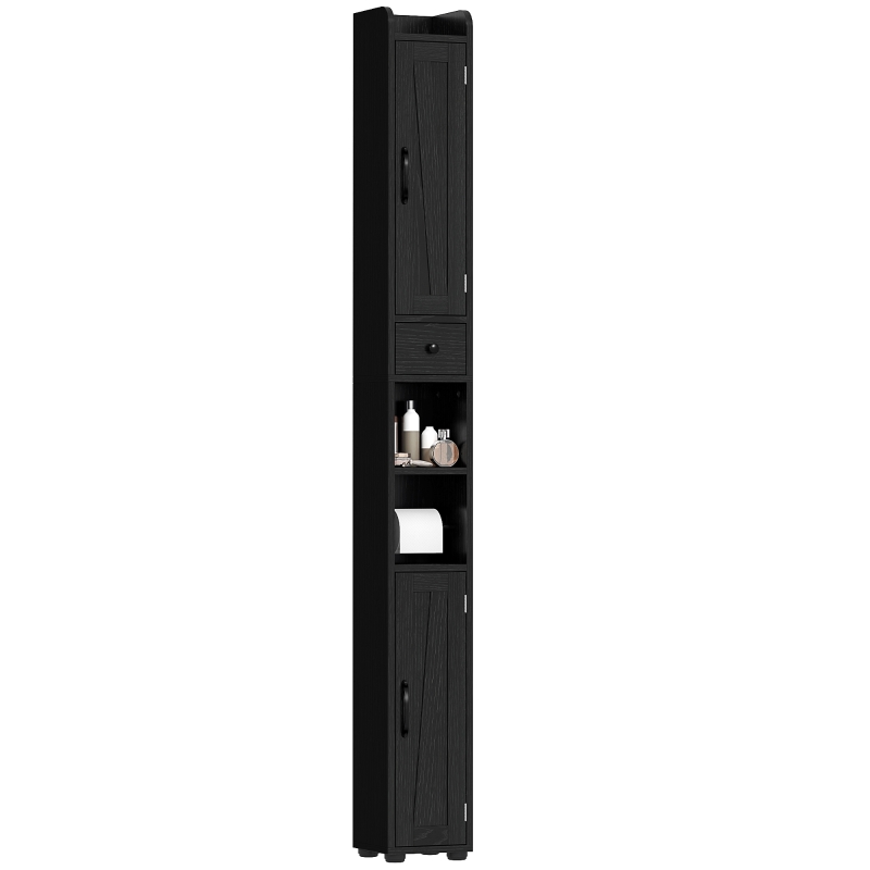 HOMCOM Narrow Bathroom Cabinet, Tall Bathroom Storage Cabinet with Barn Doors, Drawer and Adjustable Shelves, Black Wood Grain