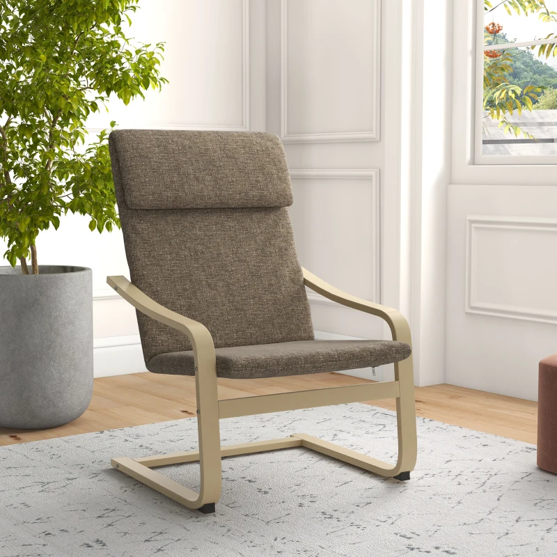 HOMCOM Modern Accent Chair, Linen-Feel Upholstered Living Room Chair with Wood Curved Legs for Balcony, Dark Brown