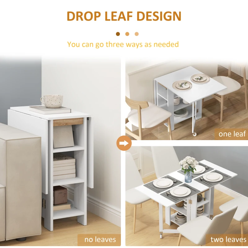 HOMCOM Folding Dining Table with Storage, Drop Leaf Kitchen Table for Small Spaces, White