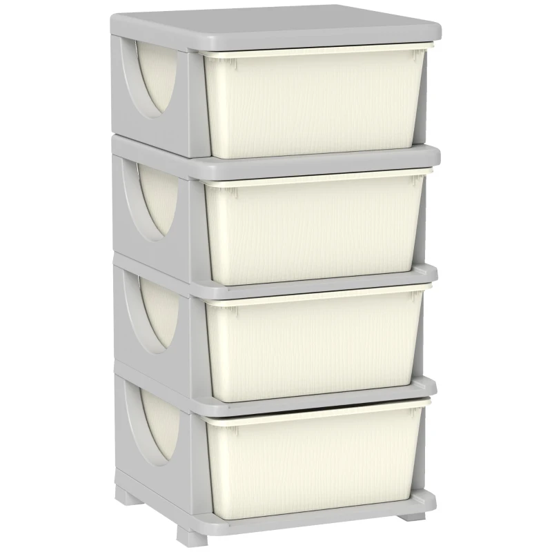 Qaba 4 Tier Kids Toy Organizer and Storage Bins with 4 Plastic Drawers, Cream White