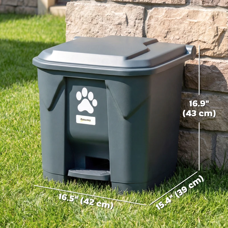 Outsunny Dog Poop Outdoor Garbage Bin, 8 Gal Pet Waste Garbage Can with Lid and Pedal, Waterproof Plastic Trash Can, Dark Grey
