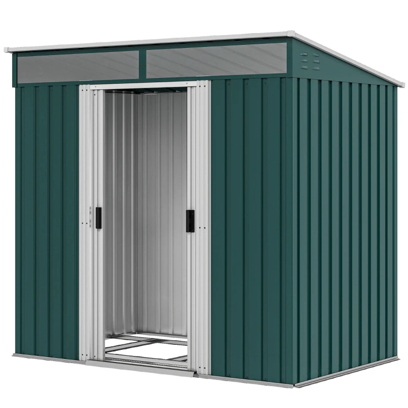 Outsunny 6.5x4FT Galvanised Metal Shed with Foundation Kit, Lockable Garden Tool Storage House with Sliding Doors, Vents, Green