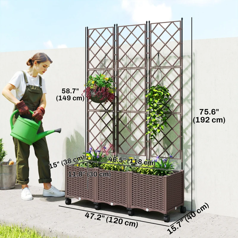 Outsunny Plastic Raised Garden Bed with Trellis, Self Watering Planter Box with Wheels, Drainage Holes and Plugs