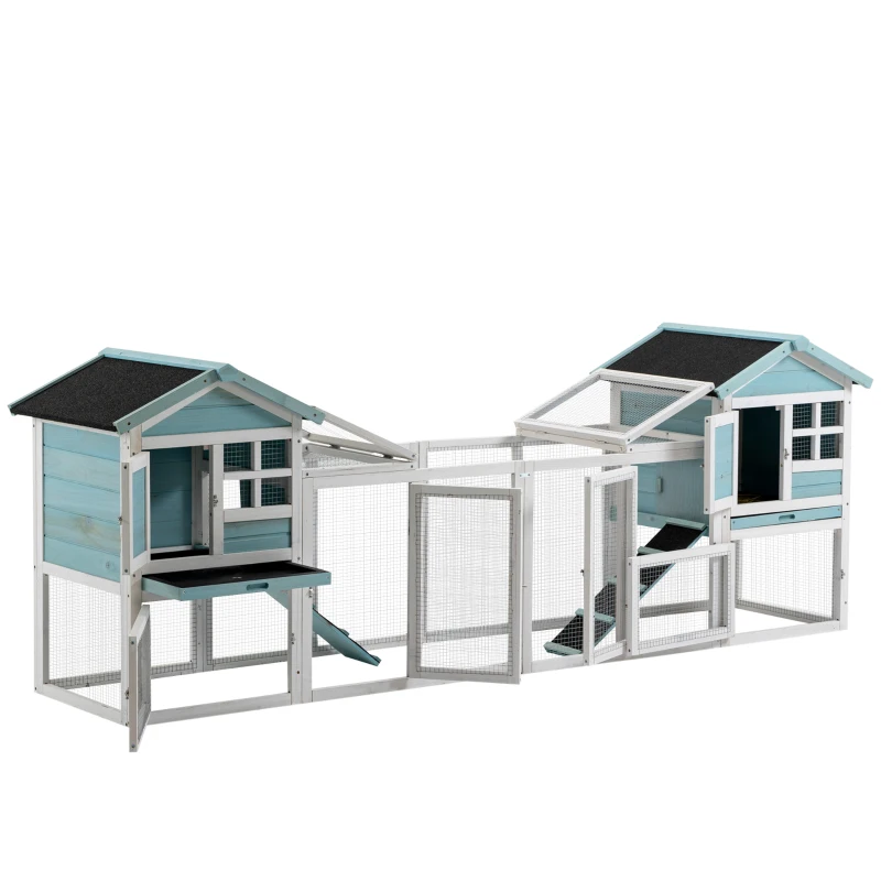 PawHut 102" 2 in 1 Wooden Rabbit Hutch Double Main House Pet Playpen Large Bunny House Enclosure for Indoor Outdoor with Run Box, Slide-out Tray, Ramp, for Rabbits and Small Animals, Blue