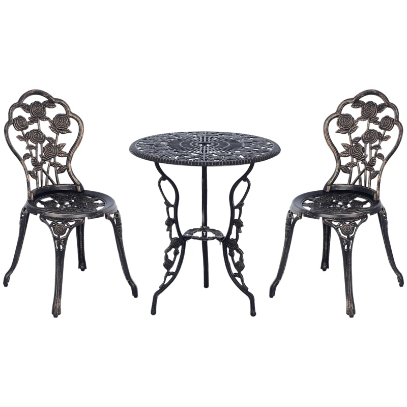 Outsunny 3 Pieces Aluminum Bistro Set, Bistro Table Set Outdoor Patio Furniture with Umbrella Hole, Patio Table and Chairs with Floral Patterns for Garden, Balcony, Porch, Bronze