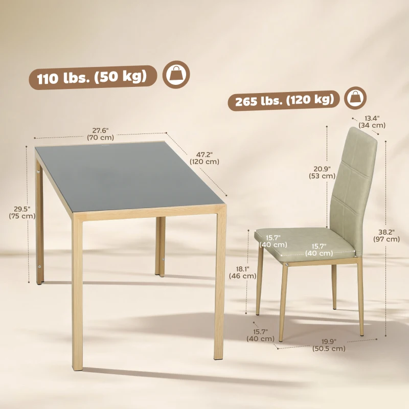 HOMCOM 3-Piece Rectangular Glass Kitchen Table and Chairs with Metal Frame and Faux Leather Upholstery for Dining Room
