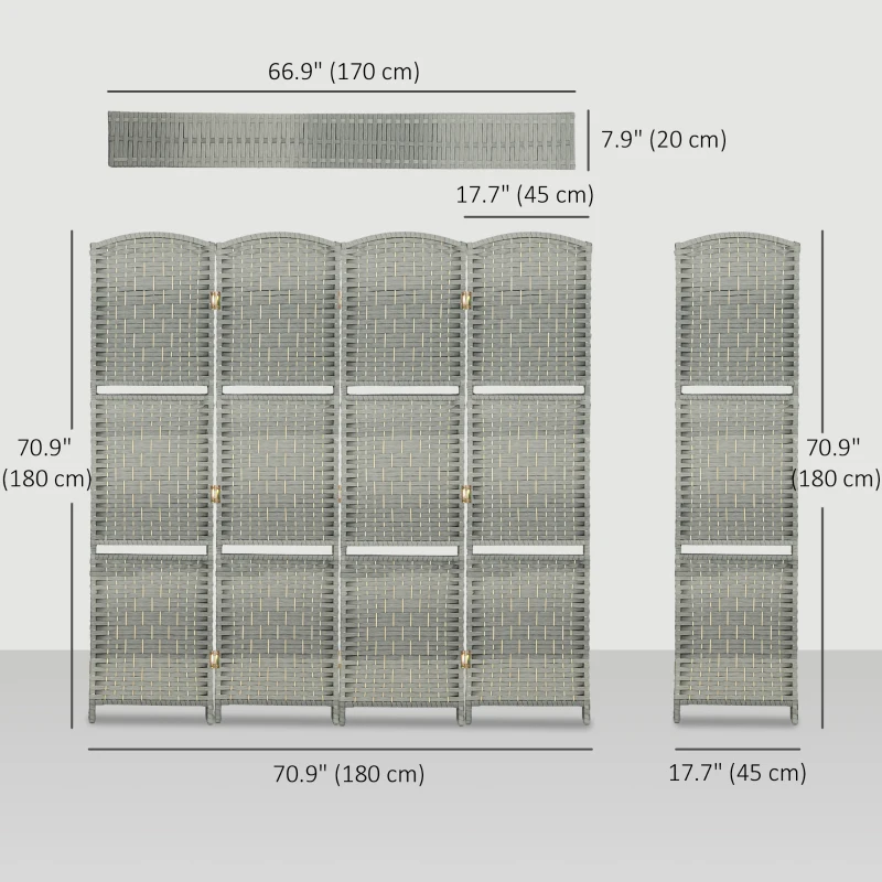 HOMCOM 6 FT Privacy Screen, 4 Panel Room Divider with Shelves for Living Room Bedroom Home Office, Grey