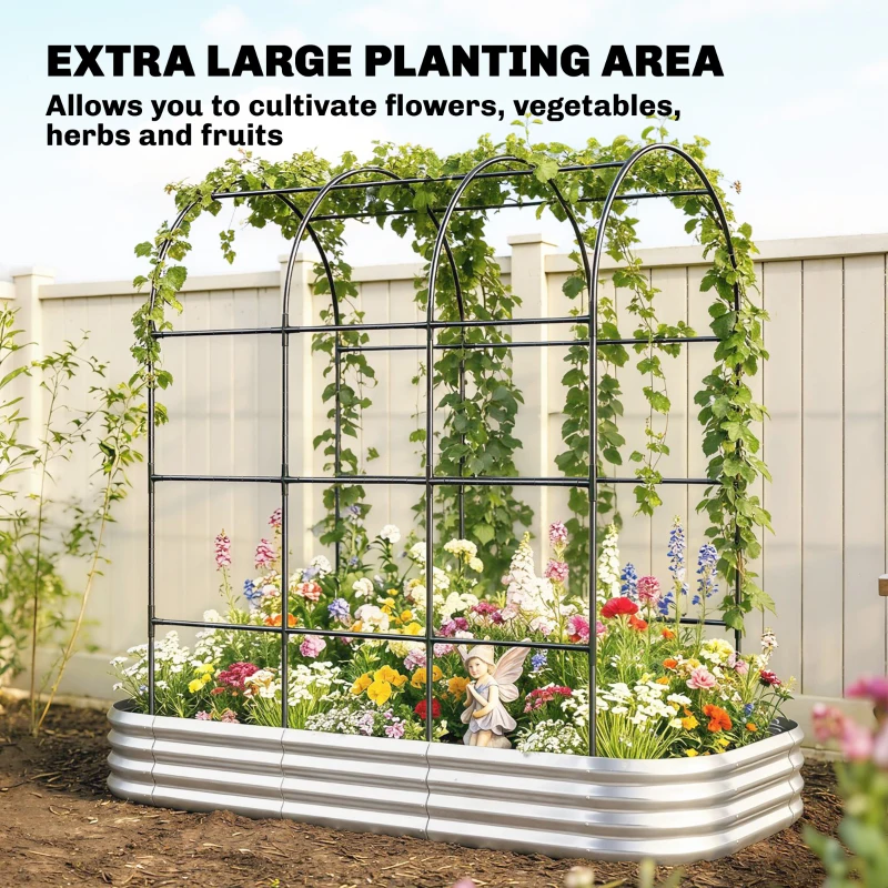 Outsunny Galvanised Raised Garden Bed with Arched Trellis, 7 x 4 x 7ft Metal Outdoor Planter Box with Open Bottom