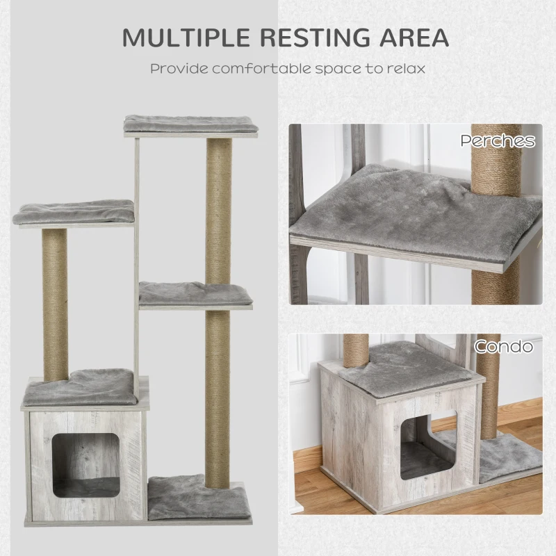 PawHut 45" Deluxe Plush Cat Tree Tower Activity Center Climbing Frame Kitten Play House with Jute Scratching Posts Condo Perch Cushion Grey