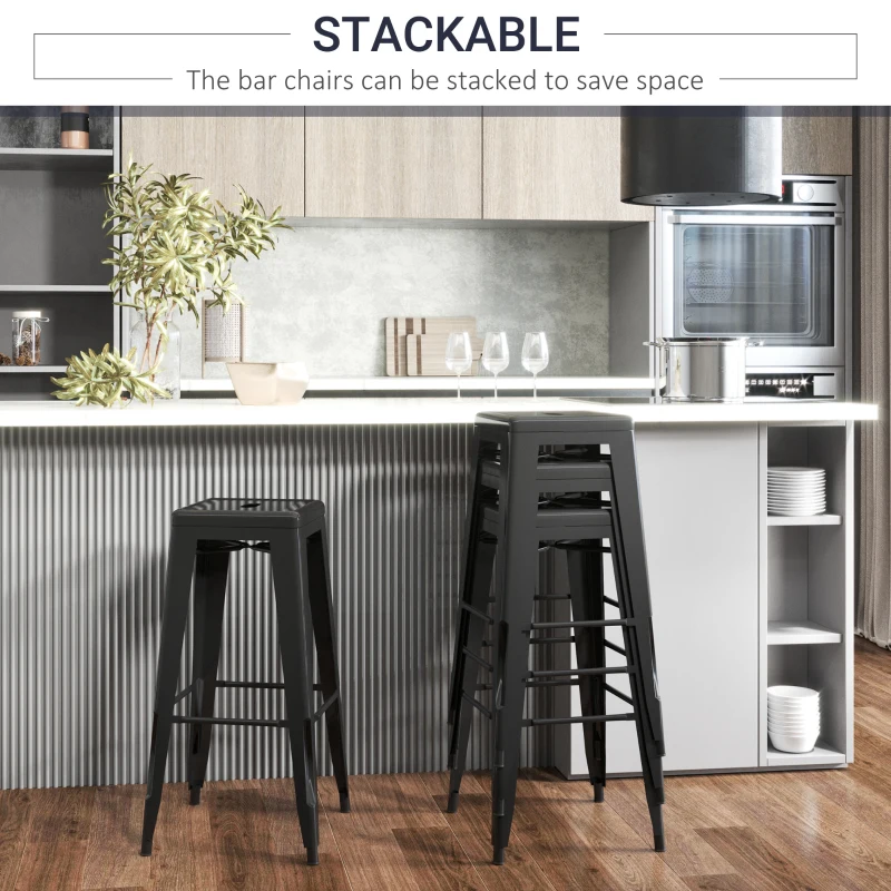 HOMCOM Set of 4 Bar Stools Kitchen Metal Steel Portable Stackable Seat 4pcs Black