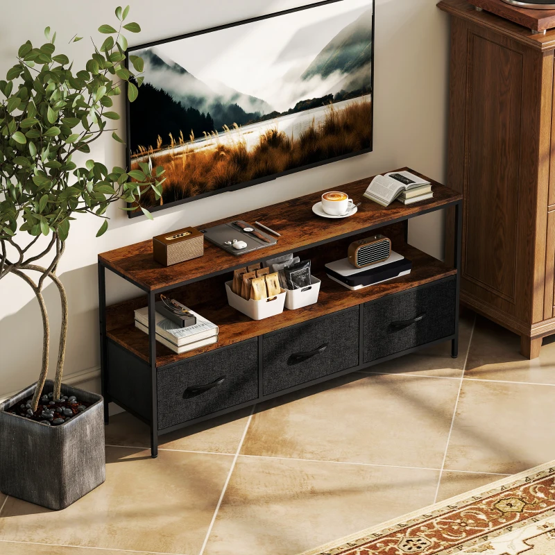 HOMCOM TV Stand with Charging Station, TV Table with 3 Foldable Linen Drawers and Open Shelf for 55 Inch Television, Rustic Brown
