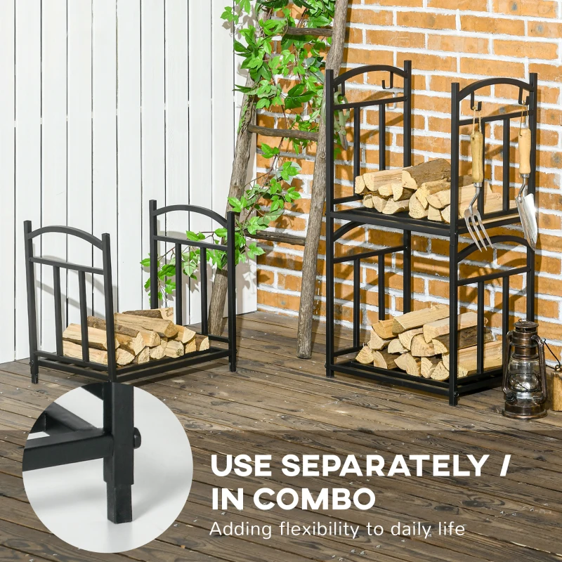 Outsunny 3-Tier Firewood Rack Heavy Duty Wood Storage Log Stacking Shelf with Hanging Hooks, Outdoor Indoor Use, Black