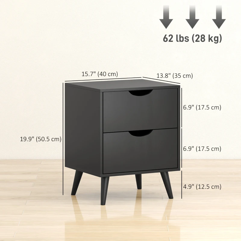 HOMCOM Modern Bedside Table Set of 2, Nightstand with 2 Drawers and Pine Wood Legs for Bedroom, Black