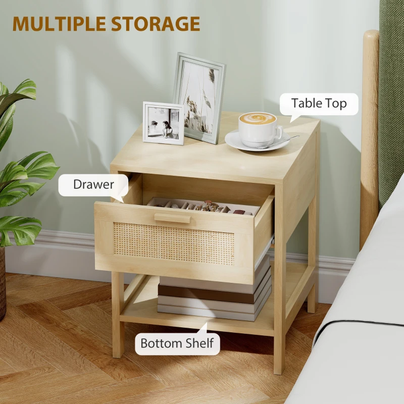 HOMCOM Narrow Nightstand with Rattan Elements, Bedside Table with Drawer and Storage Shelf for Bedroom, Set of 2, Natural Wood