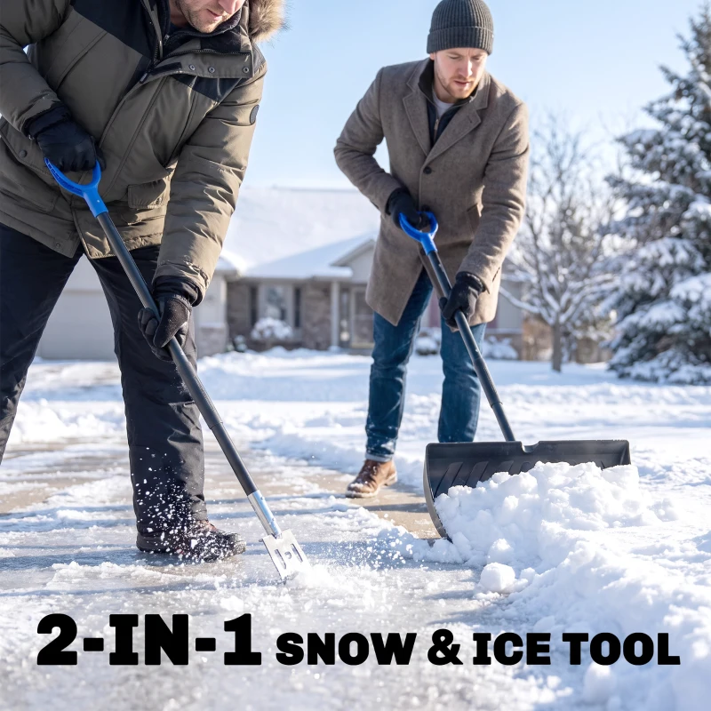 Outsunny 2-in-1 Snow Shovel and Ice Scraper, 22" Heavy Duty Snow Pusher with Metal Wear Strip, Ergonomic Handle for Driveway