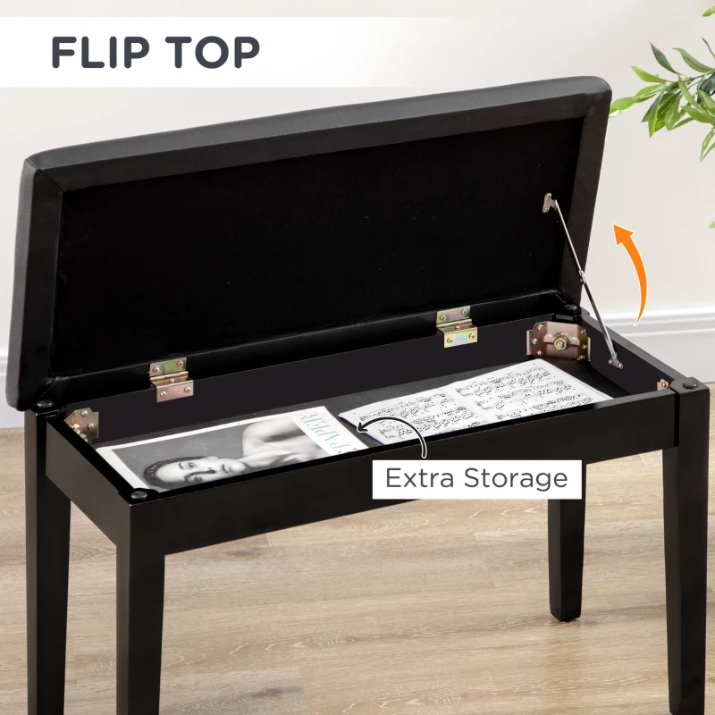 HOMCOM Classic Piano Bench Stool, PU Leather Padded Keyboard Seat with Rubber Wood Legs and Music Storage Compartment, Smooth Seat, Black