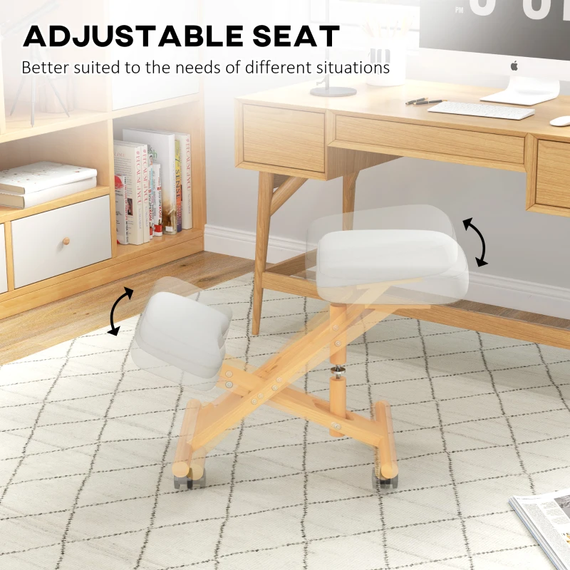 HOMCOM Ergonomic Kneeling Chair, Posture Chair with Rubberwood Frame, Wheels for Office, Posture Correction, Cream White