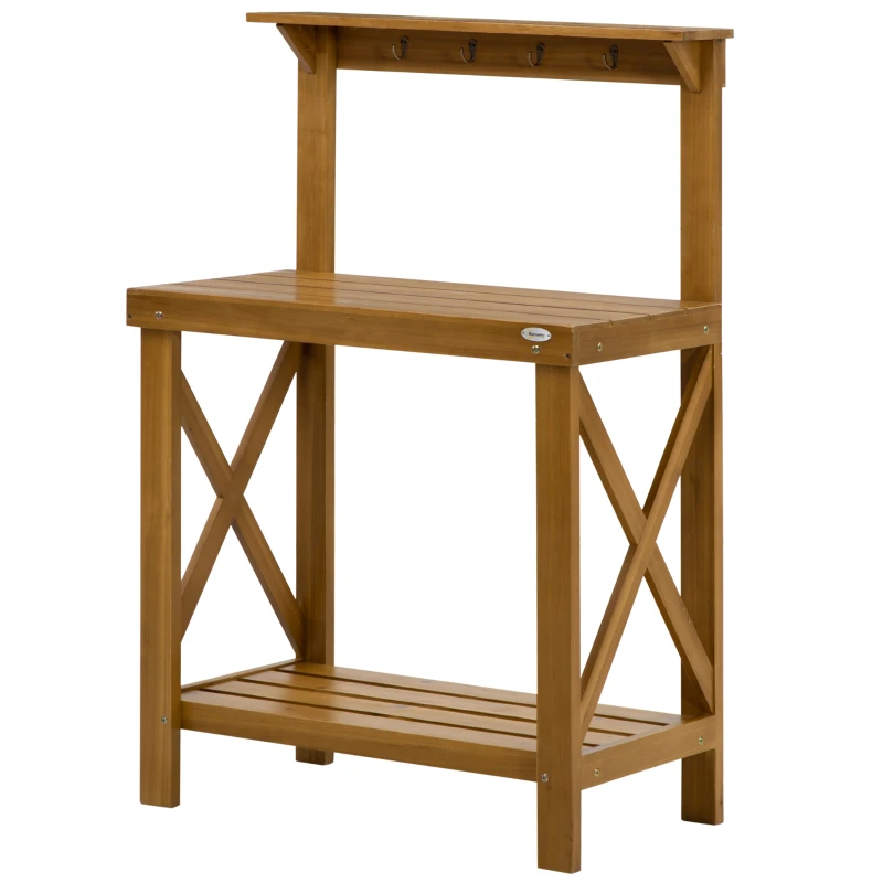 Outsunny 2-Level Outdoor Potting Bench, Wooden Potting Table with Storage Shelf and Top Hooks for Greenhouse, Garden, Patio