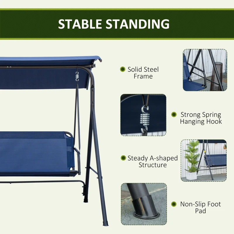 Outsunny 3-Seater Outdoor Porch Swing with Adjustable Canopy, Patio Swing Chair for Garden, Poolside, Backyard, Dark Blue