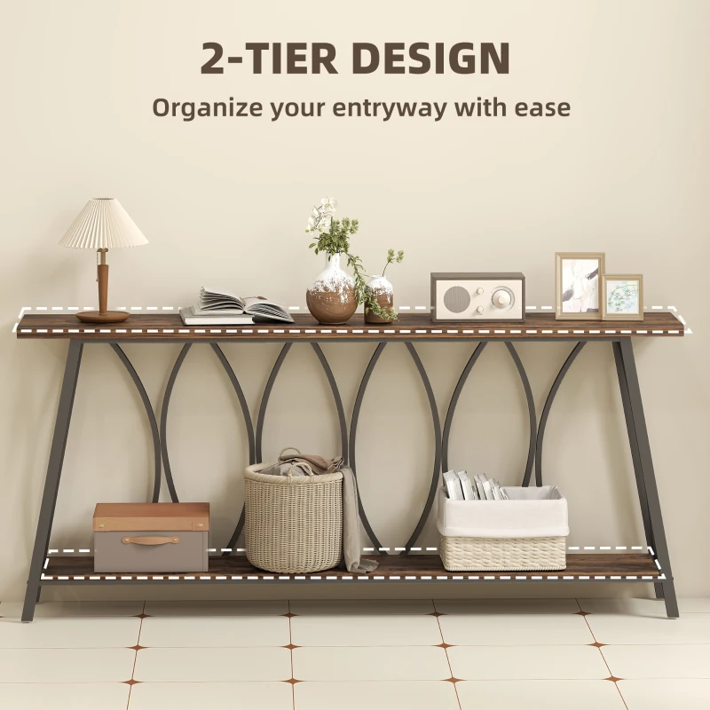 HOMCOM 71" Console Table, Industrial 2-Tier Narrow Entryway Table with Metal Frame for Living Room, Hallway, Rustic Brown
