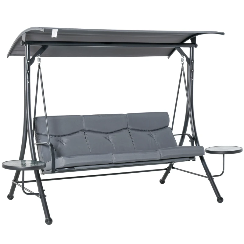 Outsunny 3 Seat Outdoor Swing Chair Steel Swing Bench Porch Swing With Adjustable Canopy, Coffee Tables and Cushion for Patio Garden, Dark Grey