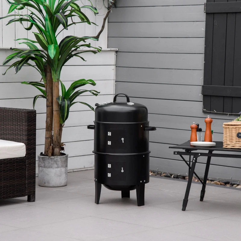 Outsunny 3-in-1 Vertical Charcoal BBQ Smoker, 16" Round Barbecue Grill with 2 Cooking Areas and Thermometer, Black