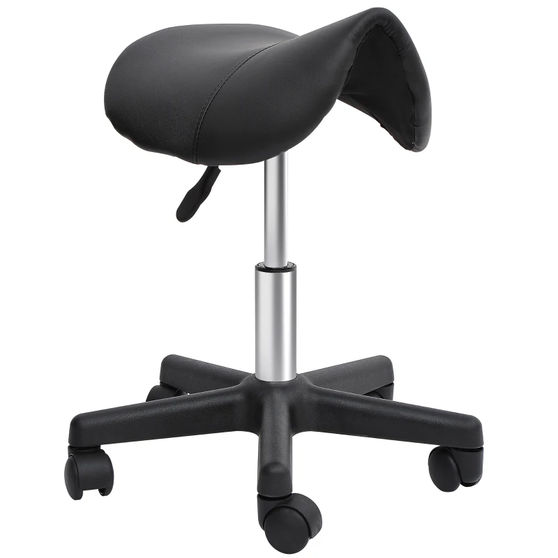 HOMCOM Saddle Stool, PU Leather Rolling Stool with Wheels, Adjustable Salon Chair for Kitchen, Salon Spa, Bar, Home Office, Massage, Black