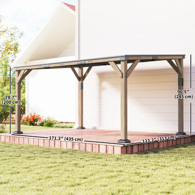 Outsunny 14' x 10' Gazebo, Lean to Galvanized Steel Hardtop Gazebo Pergola with Wood Frame, Patio Gazebo Awning, Dark Grey
