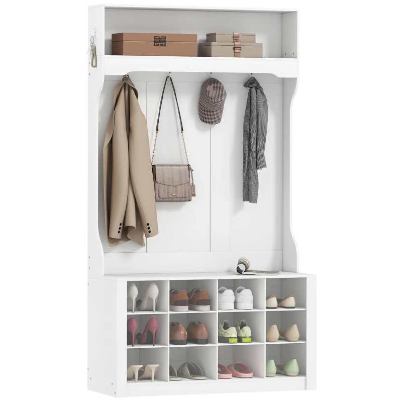 HOMCOM 4-In-1 Hall Tree with Bench and Shoe Storage, Farmhouse Coat Rack Shoe Bench with 12 Shoe Cubbies, 6 Hooks, White