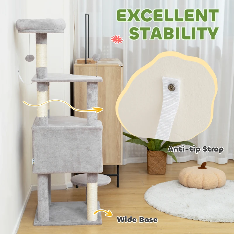 PawHut 54 Inch Cat Tree with Large Condo, Top Perch, Sisal Scratching Posts, Dangling Toy Ball,Light Grey